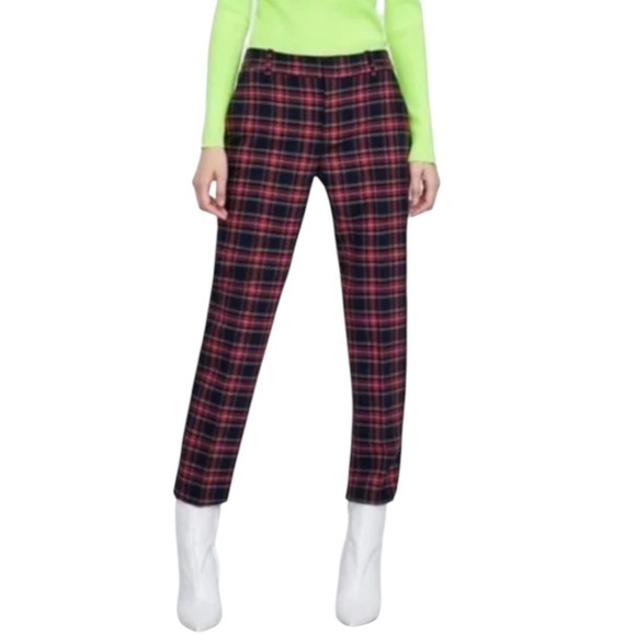 Zara Plaid Straight Leg Slim Pant Black and Red Size 4 - Picture 11 of 11